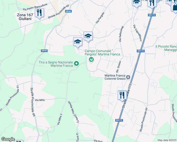 map of restaurants, bars, coffee shops, grocery stores, and more near 95 Via Pergolo in Martina Franca
