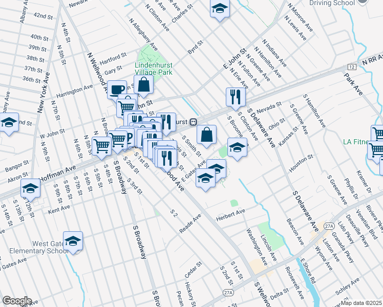 map of restaurants, bars, coffee shops, grocery stores, and more near Grace Lane in Lindenhurst