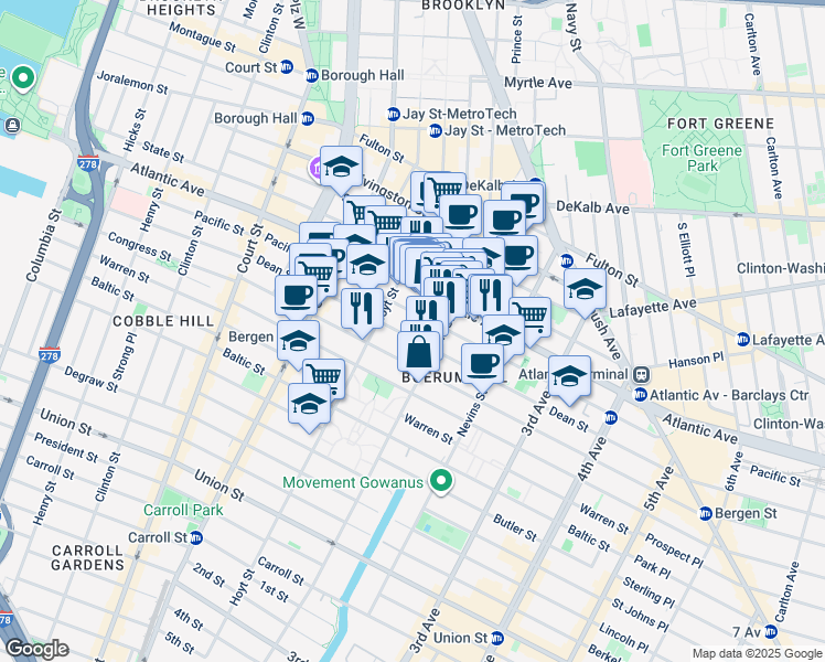 map of restaurants, bars, coffee shops, grocery stores, and more near 191 Dean Street in Brooklyn