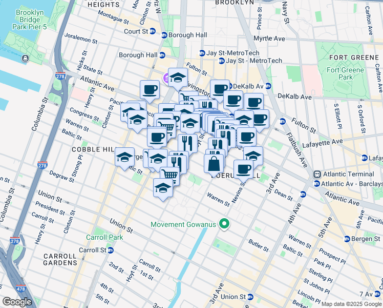 map of restaurants, bars, coffee shops, grocery stores, and more near 134 Hoyt Street in Brooklyn