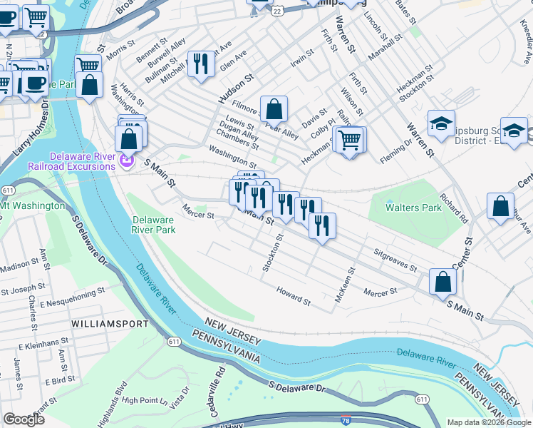 map of restaurants, bars, coffee shops, grocery stores, and more near 399 South Main Street in Phillipsburg