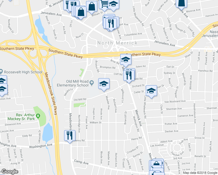 map of restaurants, bars, coffee shops, grocery stores, and more near 1839 Old Mill Road in Merrick