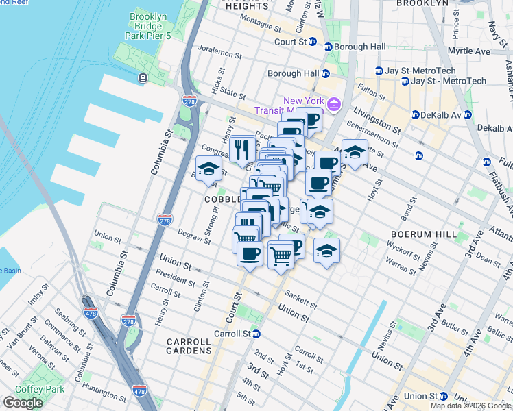 map of restaurants, bars, coffee shops, grocery stores, and more near 243 Kane Street in Brooklyn