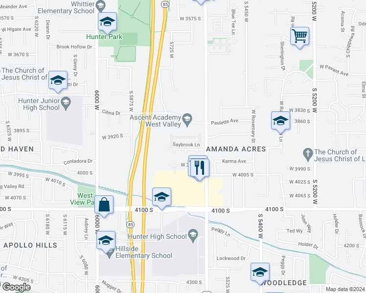 map of restaurants, bars, coffee shops, grocery stores, and more near 5683 Saybrook Lane in West Valley City
