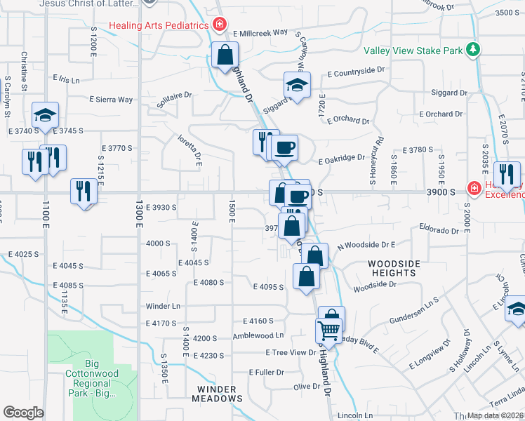 map of restaurants, bars, coffee shops, grocery stores, and more near 1578 East Lanebrook Circle in Salt Lake City