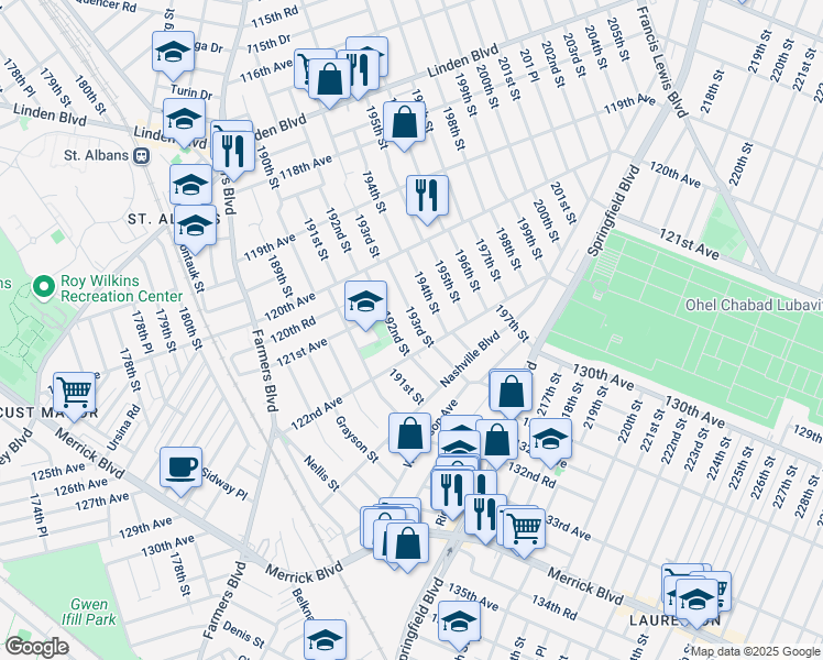 map of restaurants, bars, coffee shops, grocery stores, and more near 121-36 193rd Street in Queens