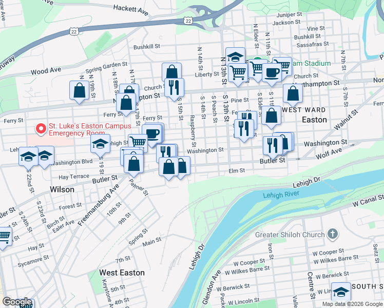 map of restaurants, bars, coffee shops, grocery stores, and more near 1440 Washington Street in Easton