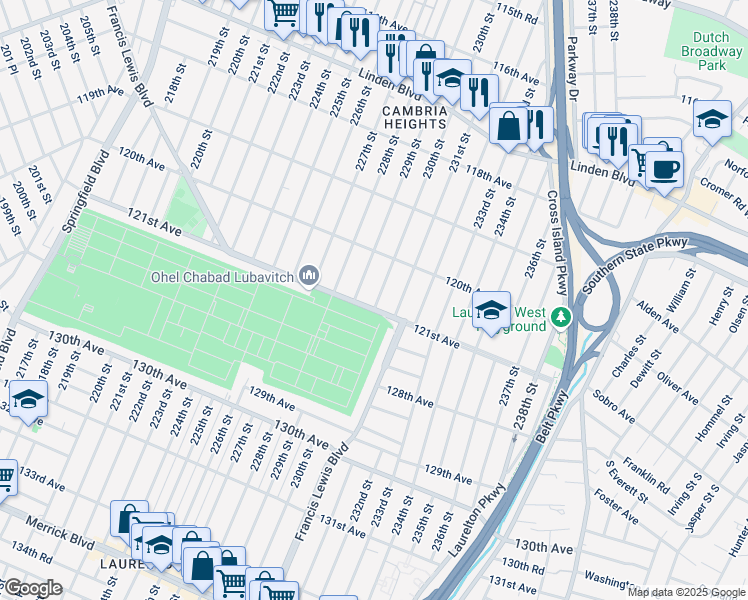 map of restaurants, bars, coffee shops, grocery stores, and more near 120-5 230th Street in Queens