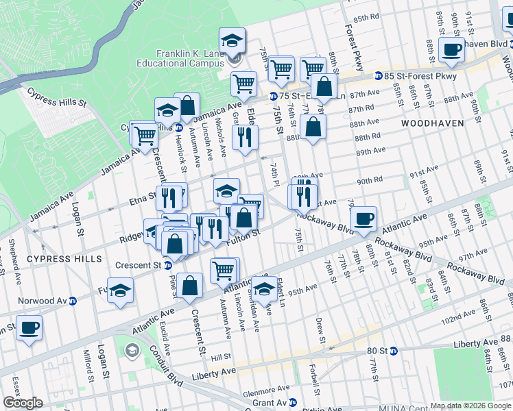 map of restaurants, bars, coffee shops, grocery stores, and more near 203 Grant Avenue in Brooklyn