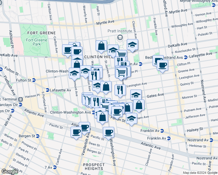 map of restaurants, bars, coffee shops, grocery stores, and more near 122 Saint James Place in Brooklyn