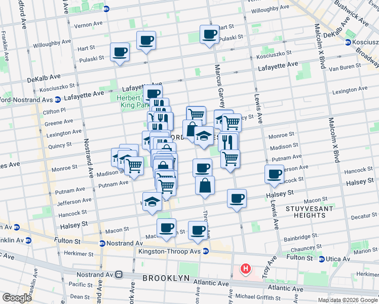 map of restaurants, bars, coffee shops, grocery stores, and more near 406 Monroe Street in Brooklyn