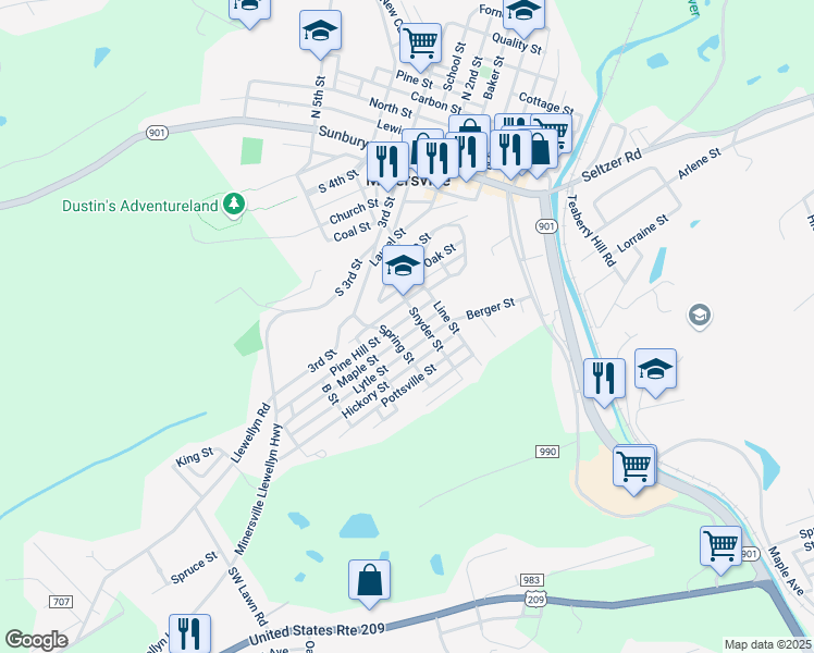 map of restaurants, bars, coffee shops, grocery stores, and more near 413-417 Pine Hill Street in Minersville