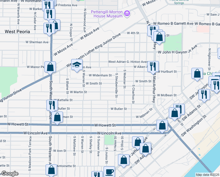 map of restaurants, bars, coffee shops, grocery stores, and more near 1321 West Martin Street in Peoria