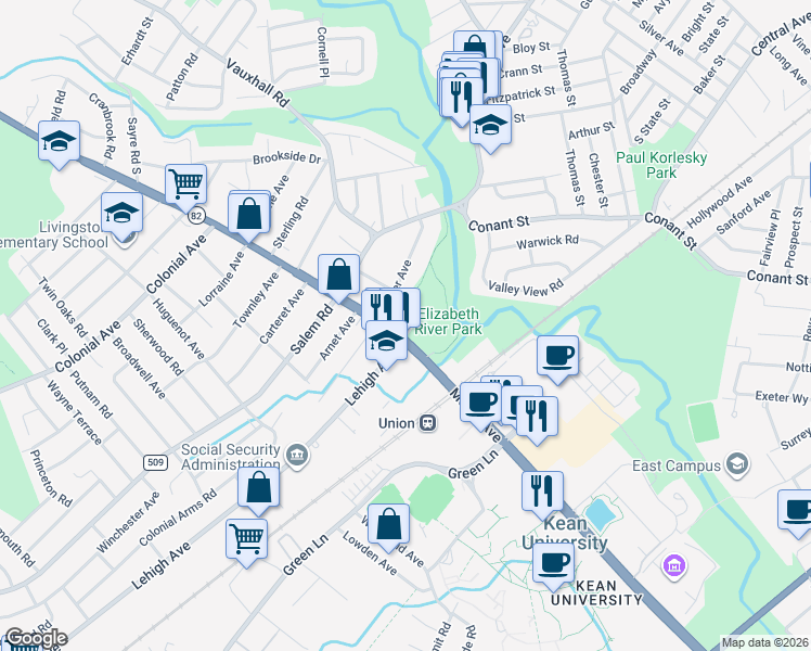 map of restaurants, bars, coffee shops, grocery stores, and more near in Union