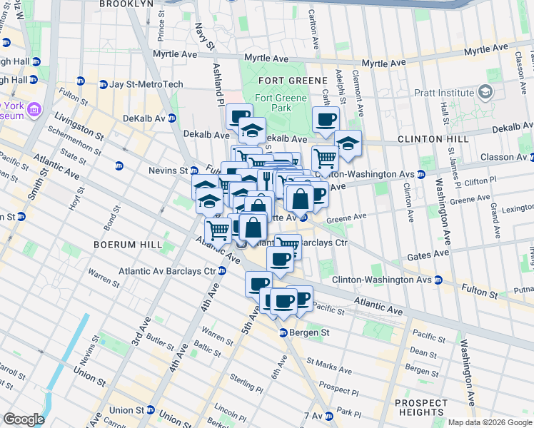 map of restaurants, bars, coffee shops, grocery stores, and more near 116 South Elliott Place in Brooklyn