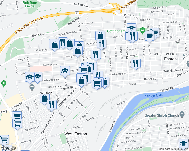 map of restaurants, bars, coffee shops, grocery stores, and more near 1500 Washington Boulevard in Easton