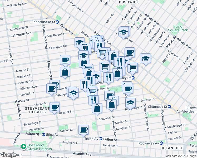 map of restaurants, bars, coffee shops, grocery stores, and more near 851 Hancock Street in Brooklyn