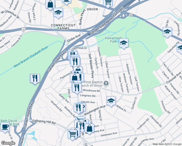 map of restaurants, bars, coffee shops, grocery stores, and more near 275 Crawford Terrace in Union