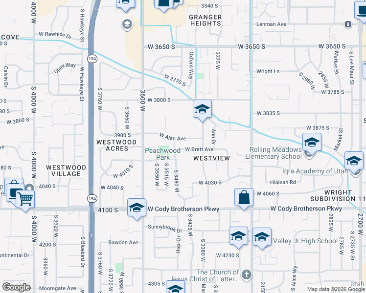 map of restaurants, bars, coffee shops, grocery stores, and more near 3454 West Brett Avenue in West Valley City