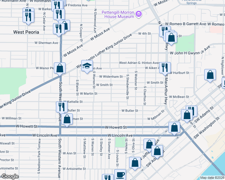 map of restaurants, bars, coffee shops, grocery stores, and more near 212 South DuSable Street in Peoria