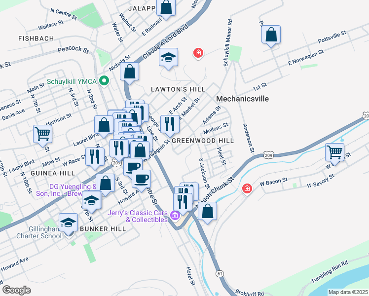 map of restaurants, bars, coffee shops, grocery stores, and more near 431 Greenwood Avenue in Pottsville