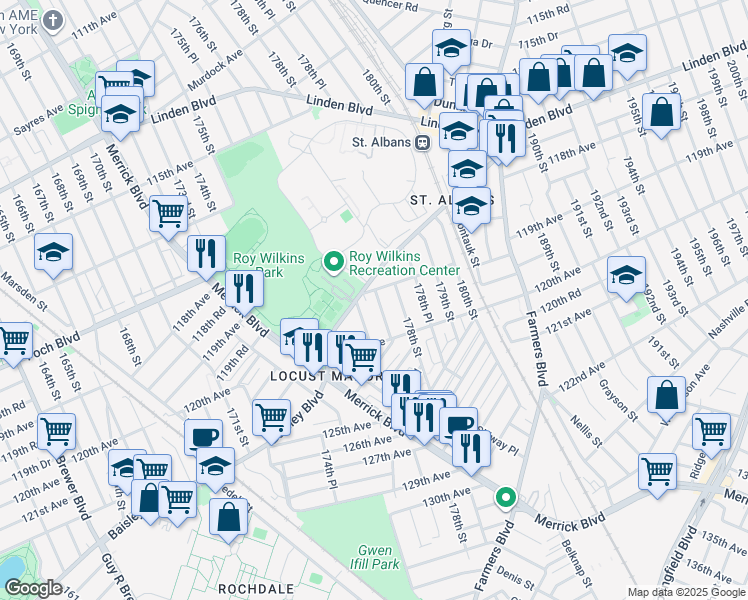 map of restaurants, bars, coffee shops, grocery stores, and more near 177-22 119th Road in Queens
