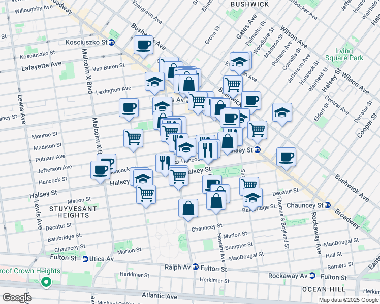 map of restaurants, bars, coffee shops, grocery stores, and more near 851 Hancock Street in Brooklyn