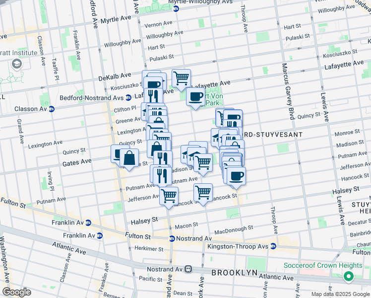 map of restaurants, bars, coffee shops, grocery stores, and more near 251 Monroe Street in Brooklyn