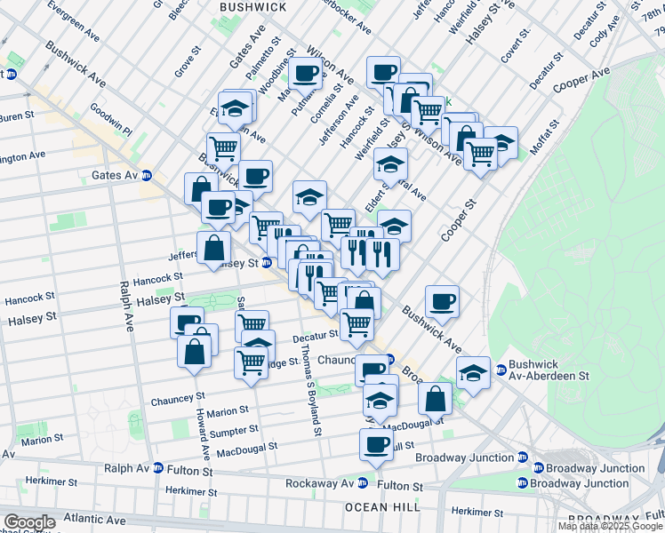 map of restaurants, bars, coffee shops, grocery stores, and more near 48 Covert Street in Brooklyn