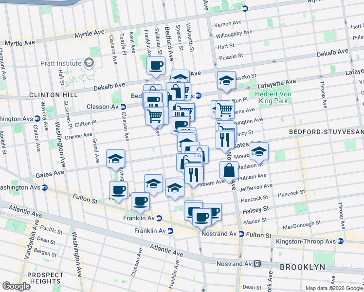 map of restaurants, bars, coffee shops, grocery stores, and more near 1118 Bedford Avenue in Brooklyn