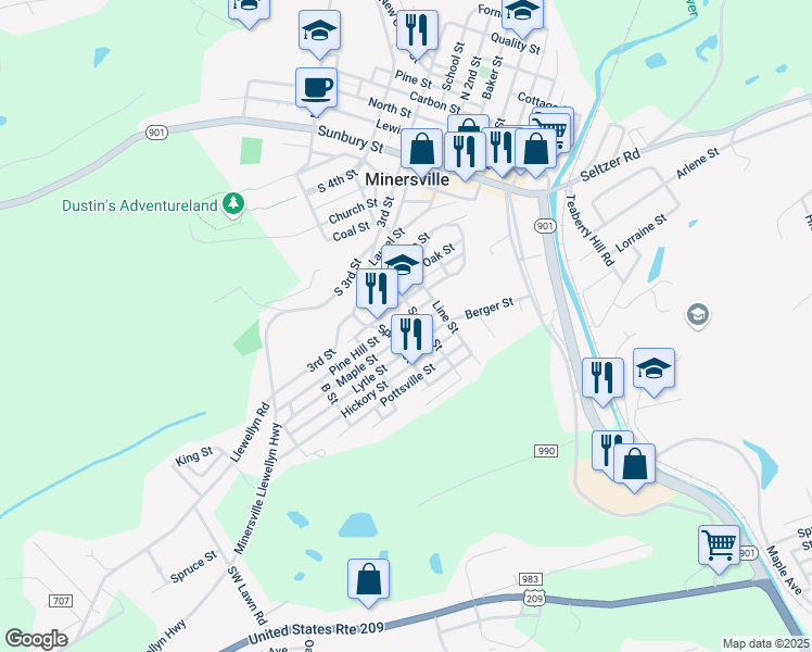 map of restaurants, bars, coffee shops, grocery stores, and more near 413-417 Pine Hill Street in Minersville