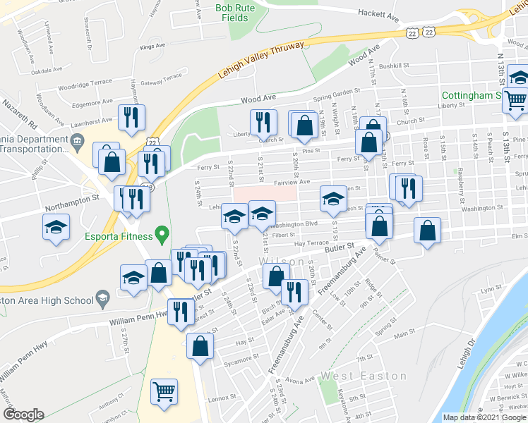 map of restaurants, bars, coffee shops, grocery stores, and more near 246 South 21st Street in Easton