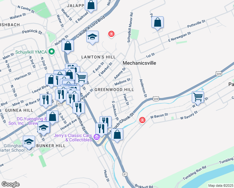 map of restaurants, bars, coffee shops, grocery stores, and more near 502 Ridge Avenue in Pottsville
