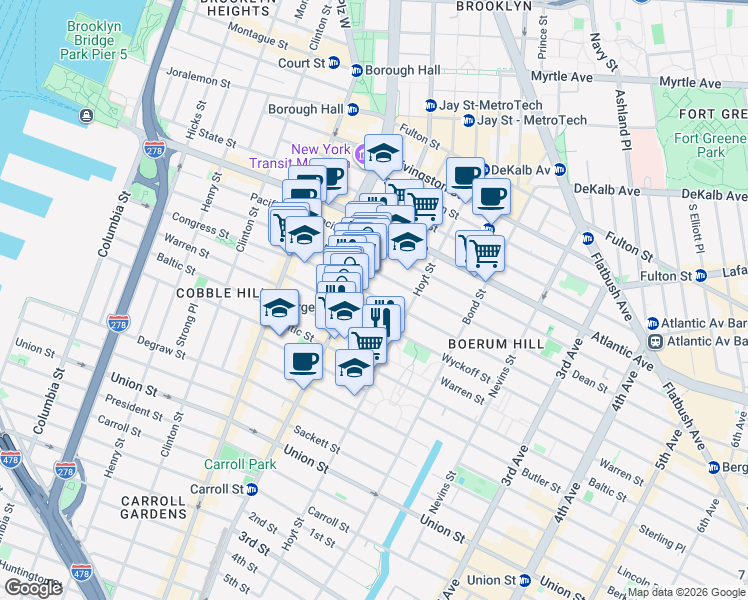map of restaurants, bars, coffee shops, grocery stores, and more near 128 Bergen Street in Brooklyn