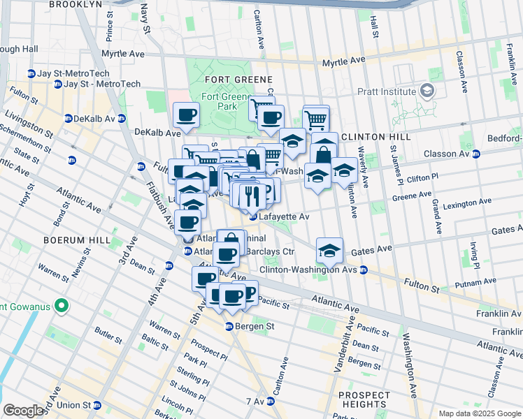 map of restaurants, bars, coffee shops, grocery stores, and more near 19 Greene Avenue in Brooklyn