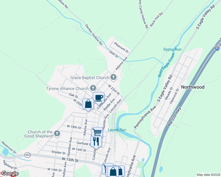 map of restaurants, bars, coffee shops, grocery stores, and more near 2211 Columbia Ave in Tyrone