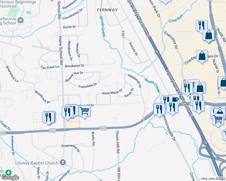 map of restaurants, bars, coffee shops, grocery stores, and more near 500 Sarah Drive in Cranberry Township