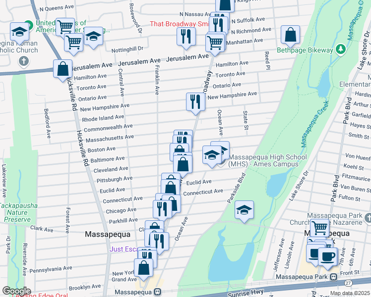 map of restaurants, bars, coffee shops, grocery stores, and more near 624 Broadway in Massapequa