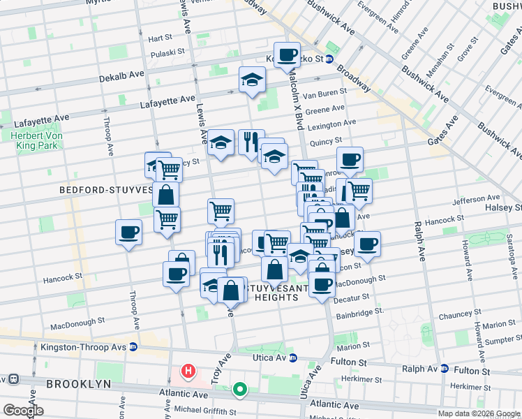 map of restaurants, bars, coffee shops, grocery stores, and more near 254 Stuyvesant Avenue in Brooklyn