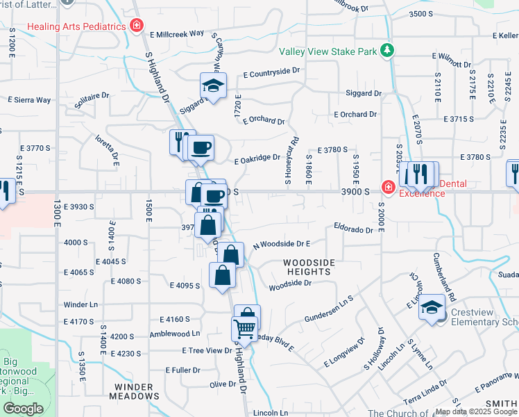 map of restaurants, bars, coffee shops, grocery stores, and more near 1812 East 3900 South in Holladay