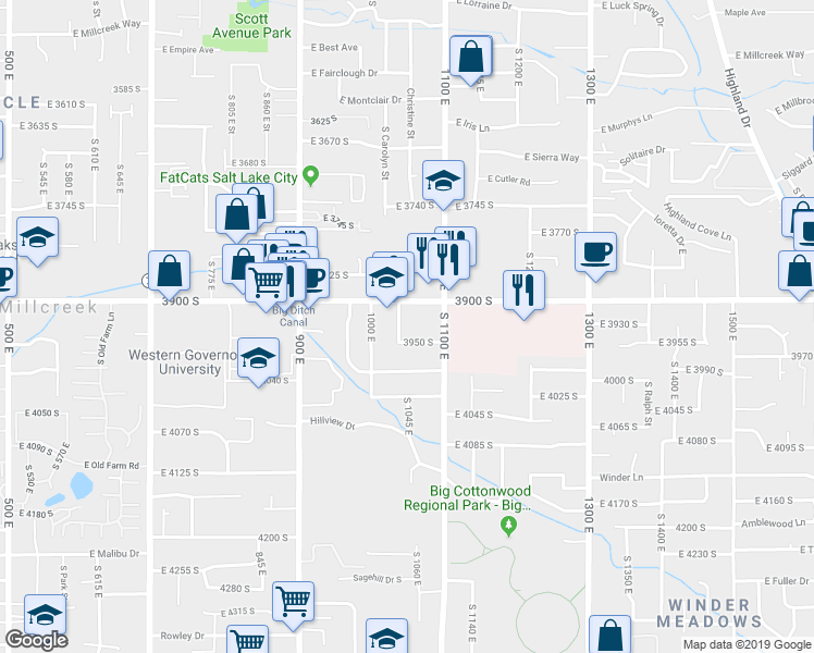 map of restaurants, bars, coffee shops, grocery stores, and more near 1055 3950 South in Millcreek