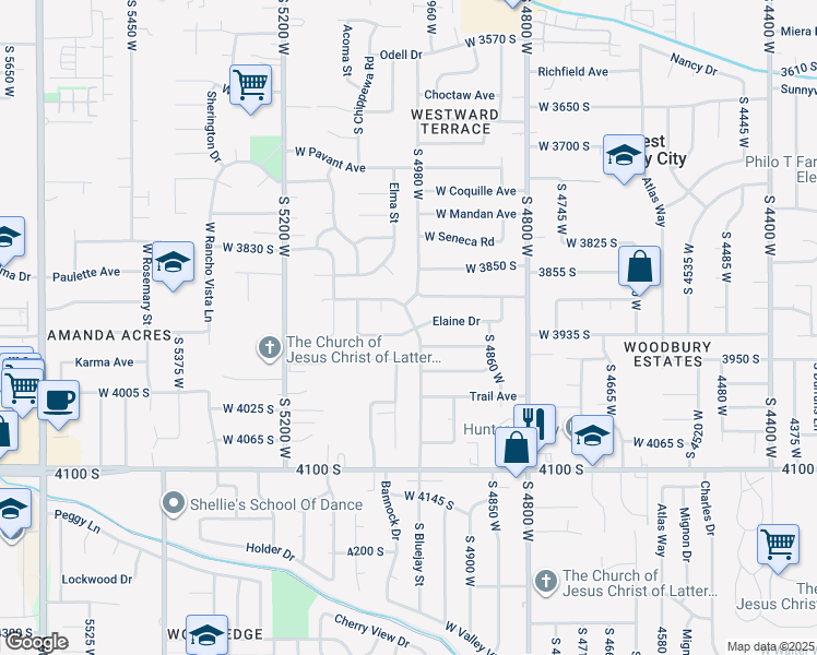 map of restaurants, bars, coffee shops, grocery stores, and more near 5021 Elaine Drive in West Valley City