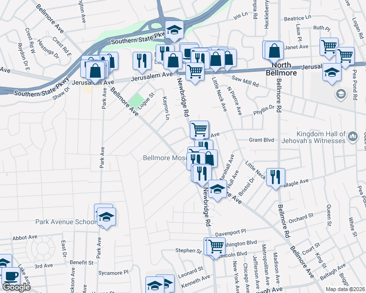 map of restaurants, bars, coffee shops, grocery stores, and more near 2384 Denton Street in North Bellmore
