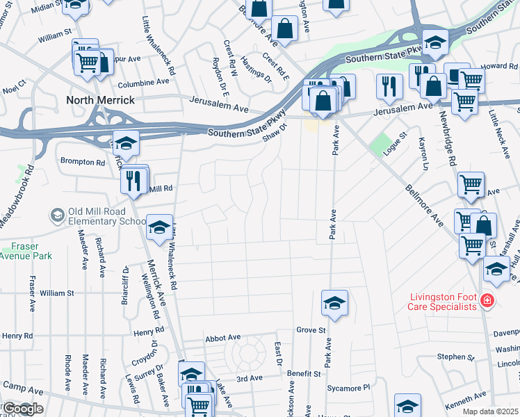 map of restaurants, bars, coffee shops, grocery stores, and more near 91 Jenkins Street in North Merrick
