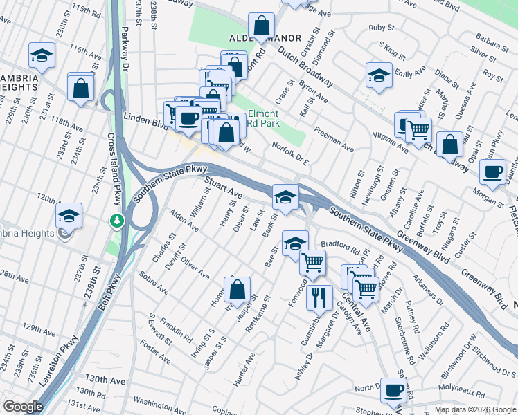 map of restaurants, bars, coffee shops, grocery stores, and more near 90 Law Street in Valley Stream