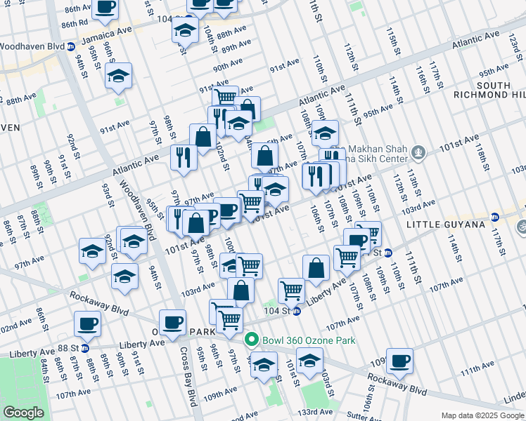 map of restaurants, bars, coffee shops, grocery stores, and more near 102-7 101st Avenue in Queens