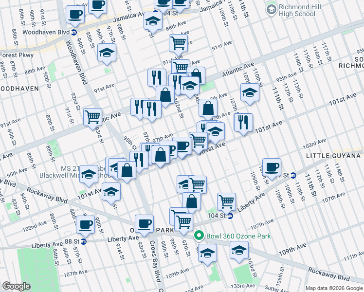 map of restaurants, bars, coffee shops, grocery stores, and more near 97-40 101st Street in Queens