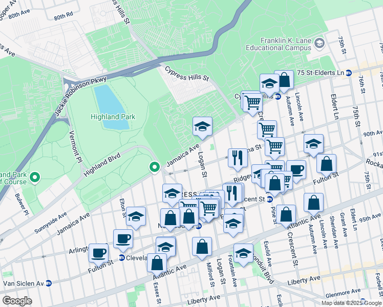 map of restaurants, bars, coffee shops, grocery stores, and more near 28 Logan Street in Brooklyn