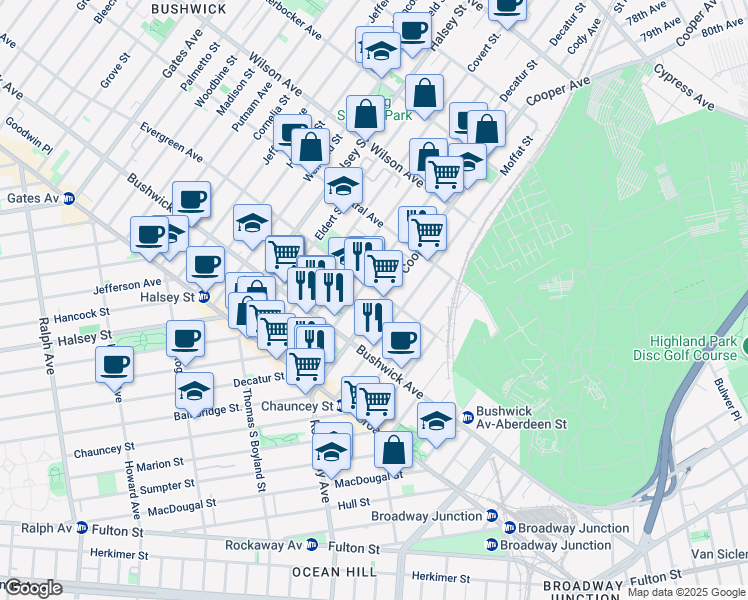 map of restaurants, bars, coffee shops, grocery stores, and more near 83A Cooper Street in Brooklyn