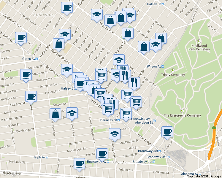map of restaurants, bars, coffee shops, grocery stores, and more near 1341 Bushwick Avenue in Brooklyn